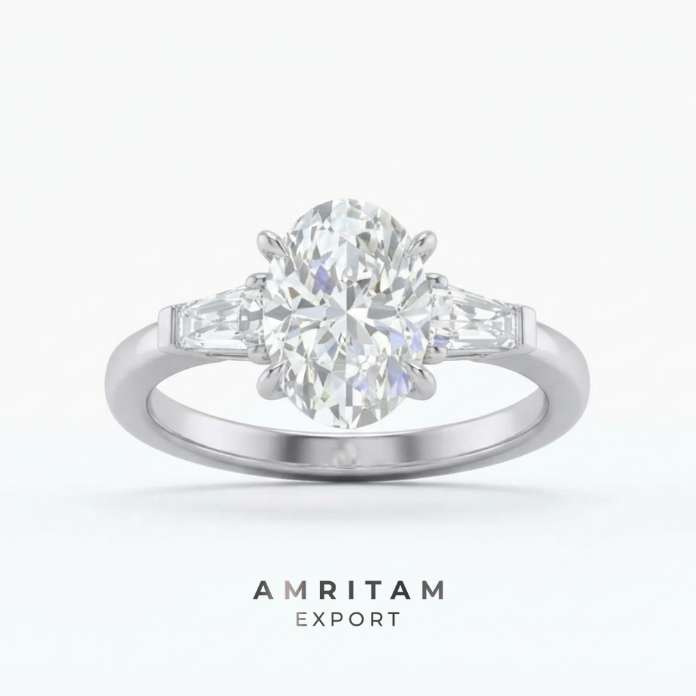 Oval Cut with Tapered Baguette White Gold Engagement Ring