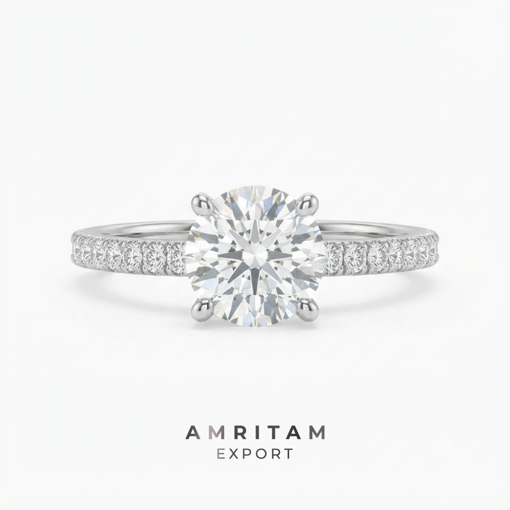 Round Cut Lab-Grown Diamond Pave Band White Gold Solitaire Engagement Ring