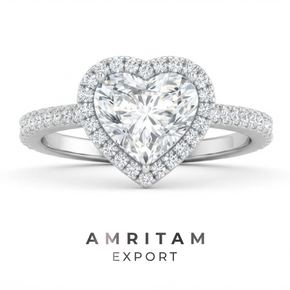 Lab-Grown Diamond Heart Halo Engagement Ring | Pave Band Gold Ring