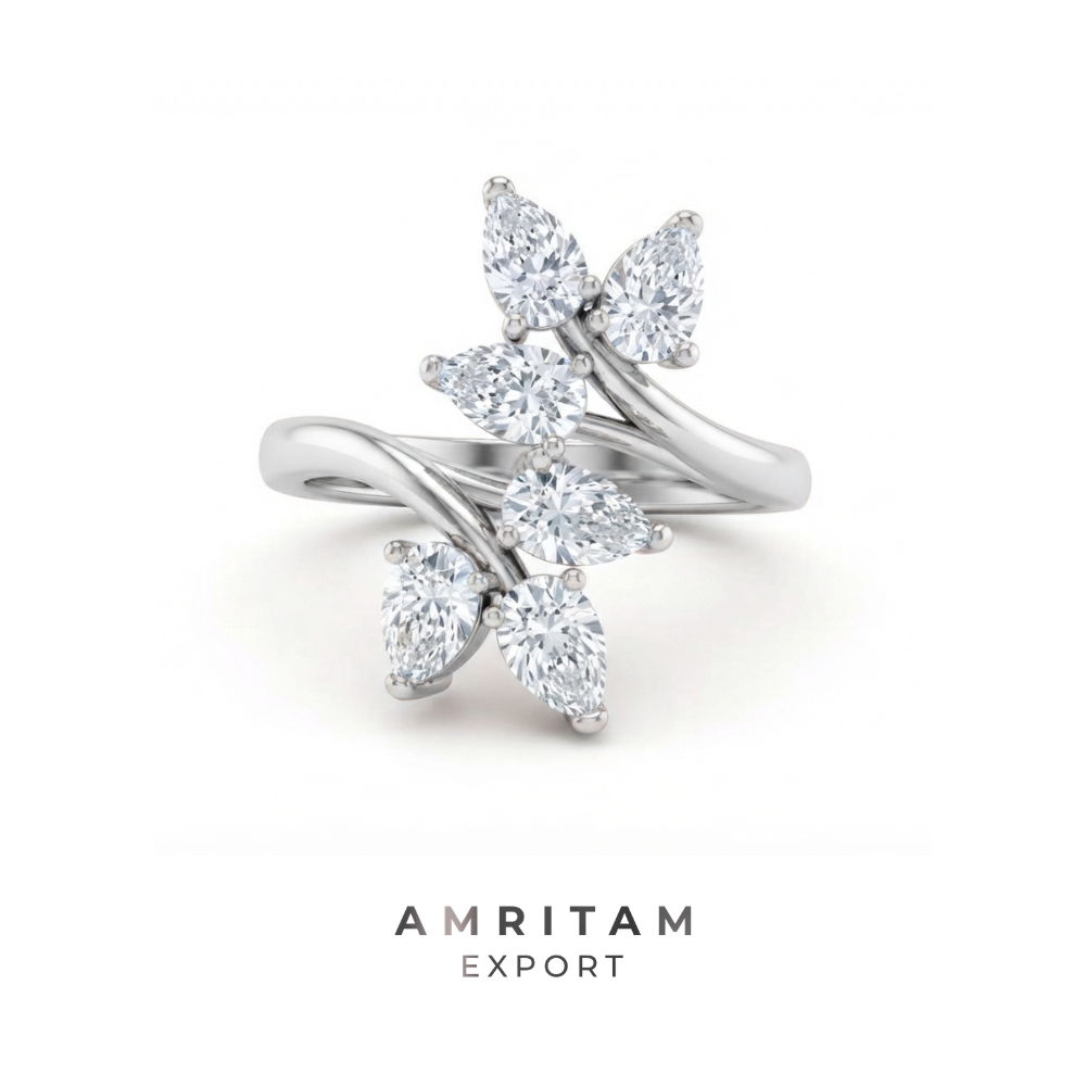 Pear Cut Multi-Stone Bypass White Gold Statement Ring