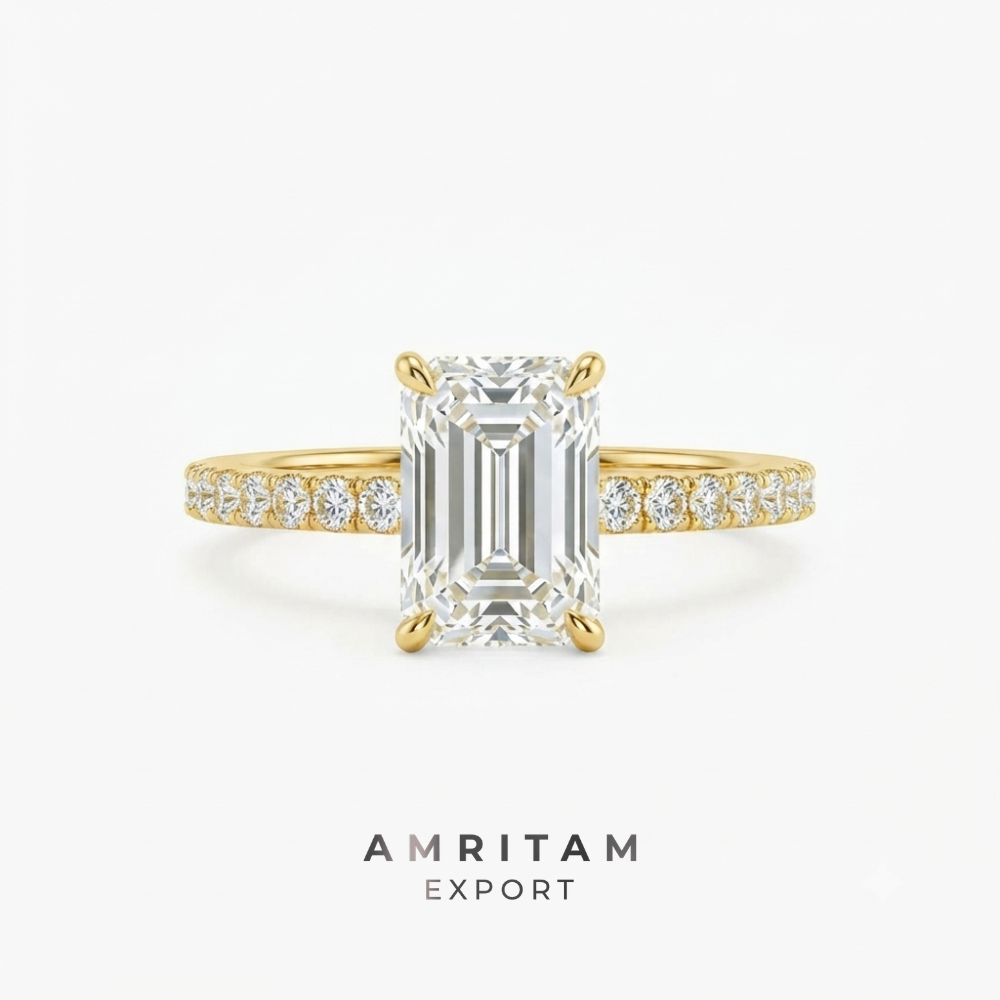 Lab-Grown Diamond Emerald Cut Pave Band Yellow Gold Engagement Ring
