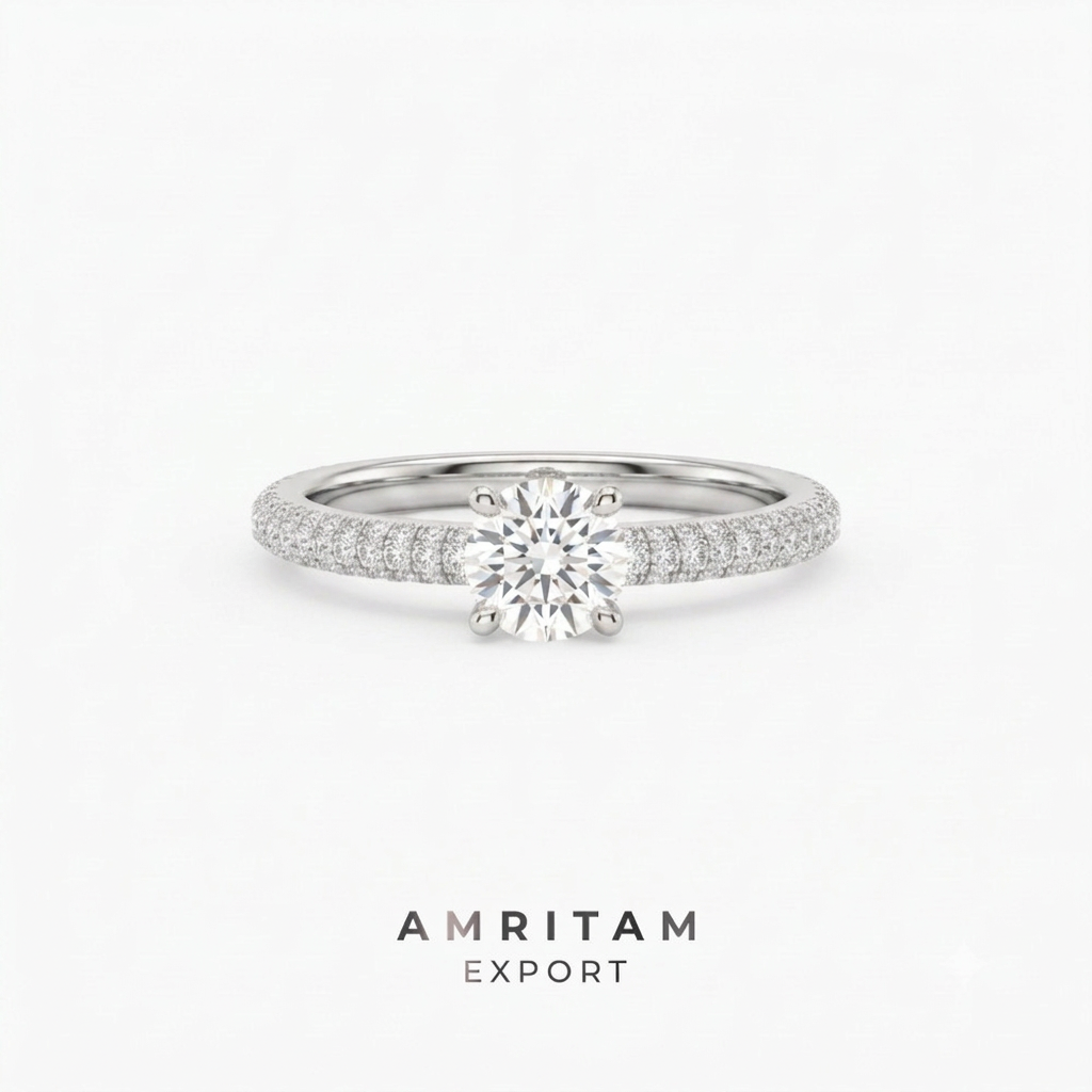 Round Cut Three-Row Pave Gold Engagement Ring
