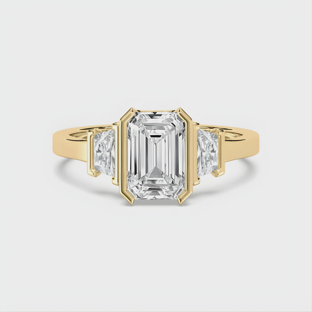 Three-Stone Emerald Cut CVD Diamond Ring – 925 Silver